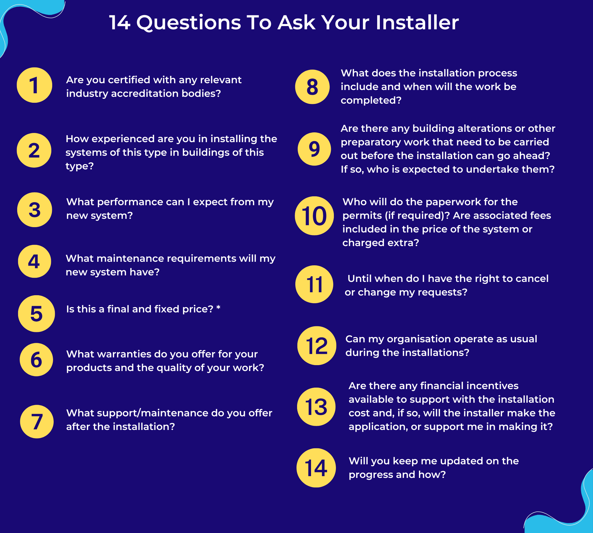 14 questions, 1.   Are you certified with any relevant industry accreditation bodies? 2.   How experienced are you in installing the systems of this type in buildings of this type? 3.   What performance can I expect from my new system? 4.   What maintenance requirements will my new system have? 