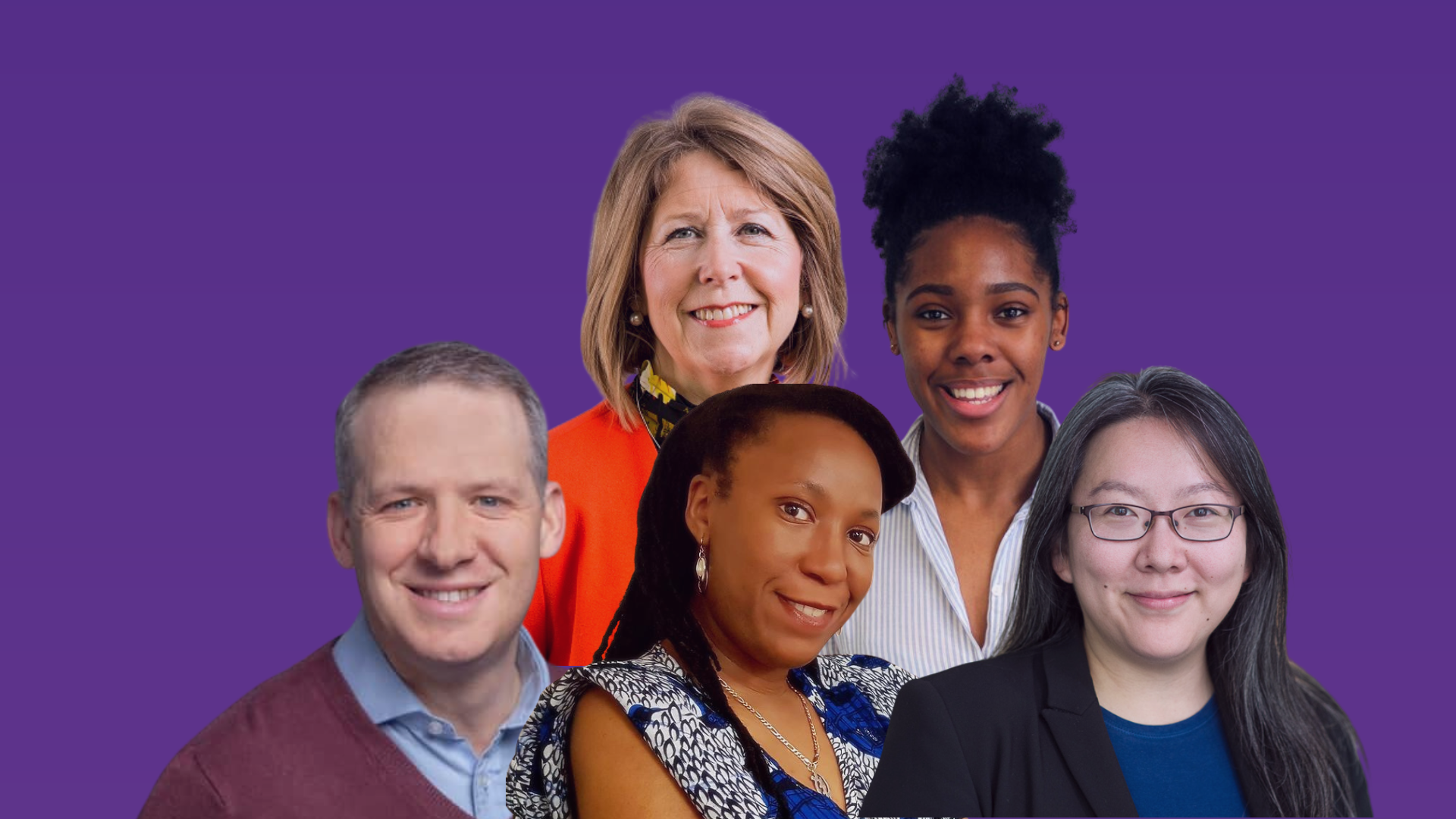 Image on a purple background showing headshots of 5 people