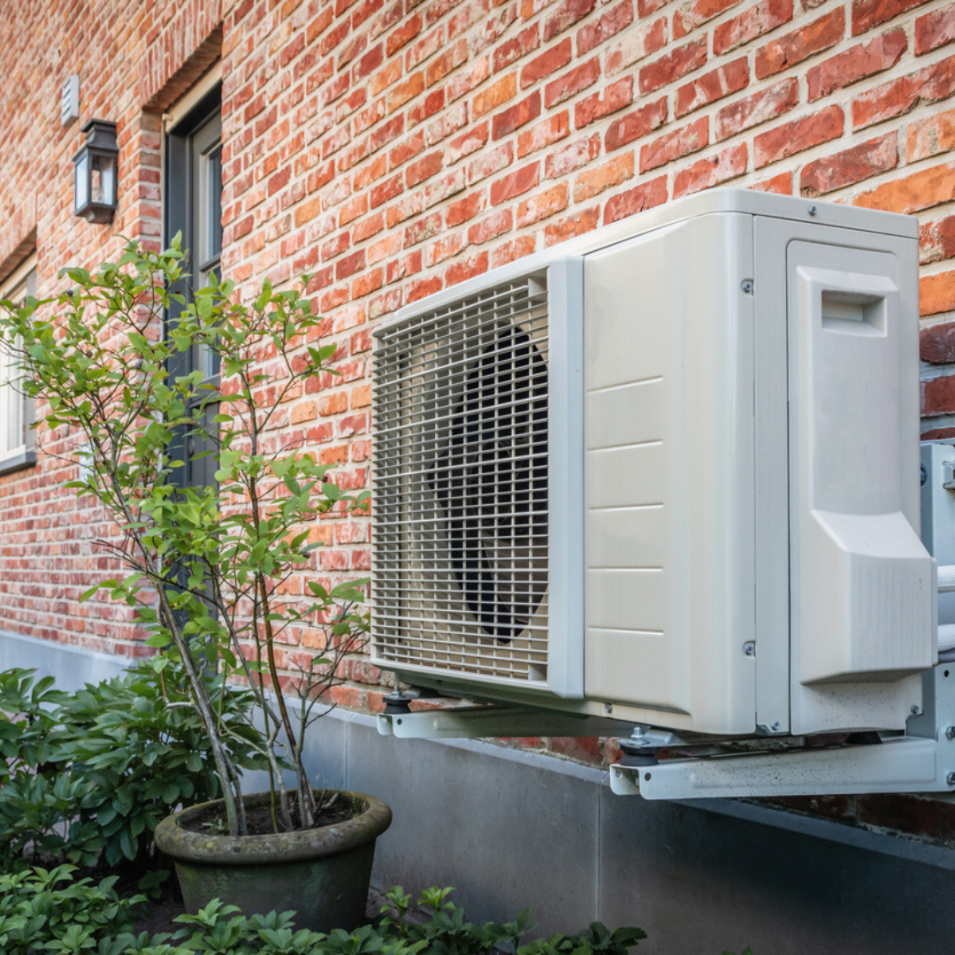 heat pump and green plant next to it