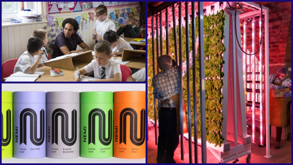 Image of the organisation pop up projects in a school speaking to children whilst sitting on a desk, under it is a picture of the colourful tea packaging of nemi teas, and on the right an image of people growing green in a warehouse.