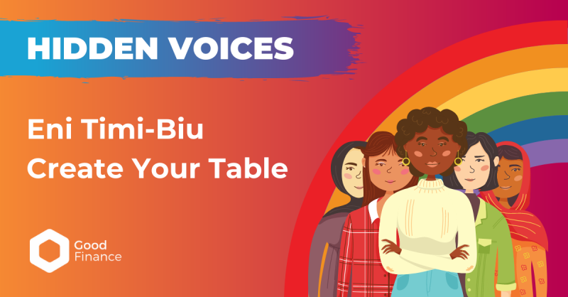 Text on a orange background saying 'Hidden Voices: Eni Timi-Biu, Create Your Table'